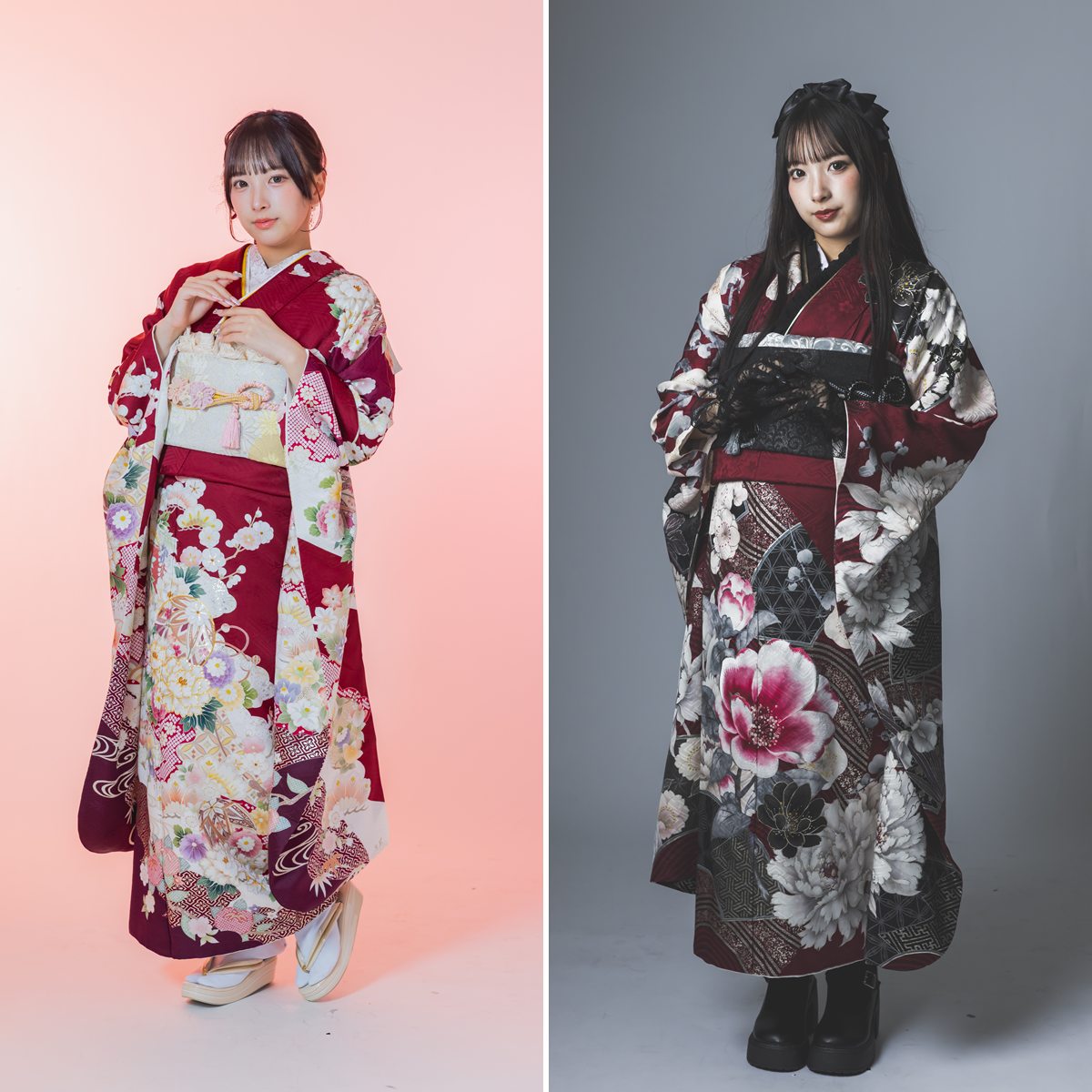草履を合わせた赤い振袖と、ブーツを合わせたゴシック振袖の足元の比較
